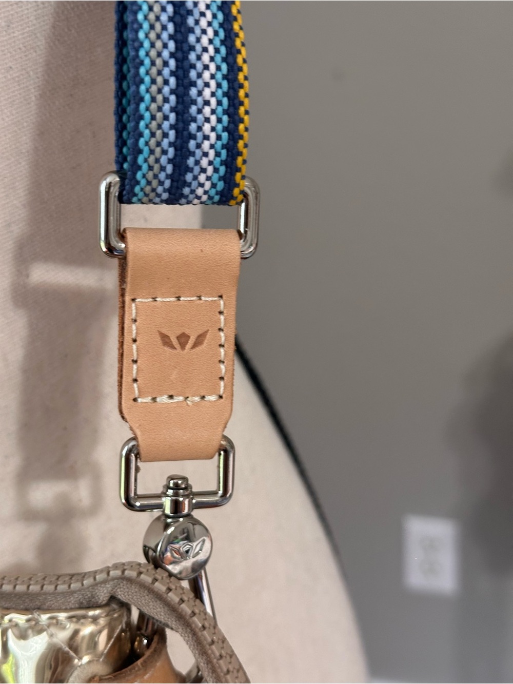 Consuela Metallic Quilted Crossbody Bag in Gold with Blue-Striped Strap - Picture 4 of 8